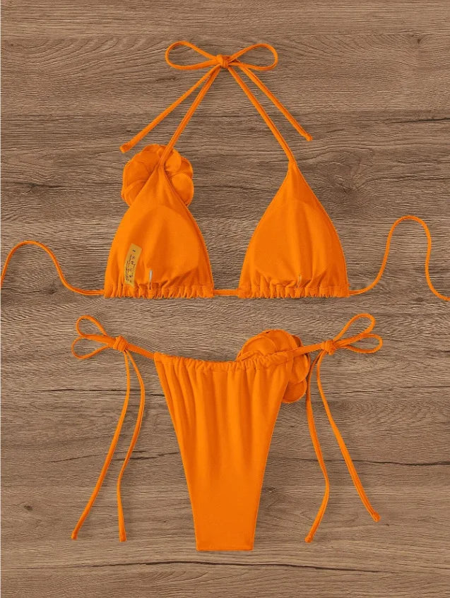 Sexy Bikini Set Women Swimsuit Black White 3D Floral Print Micro Bikinis Brazilian Cutout Beach Bathing Suit Thong Swimwear