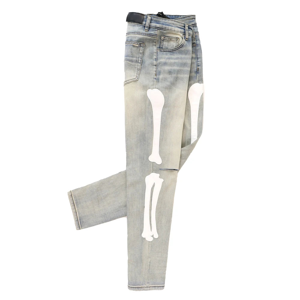Y2k Clothes Hip-Hop Bones Embroidery Slim Fit Jeans Streetwear Ripped Rock Revivals Jeans Distressed Casual Pants Men's Clothing