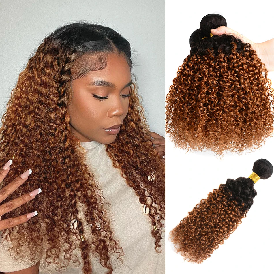 100% Brazilian Virgin Hair Ombre 1B 30 Kinky Curly Hair Bundles 12A Ombre Human Hair 1/3 Bundles Black To Brown Hair Extensions