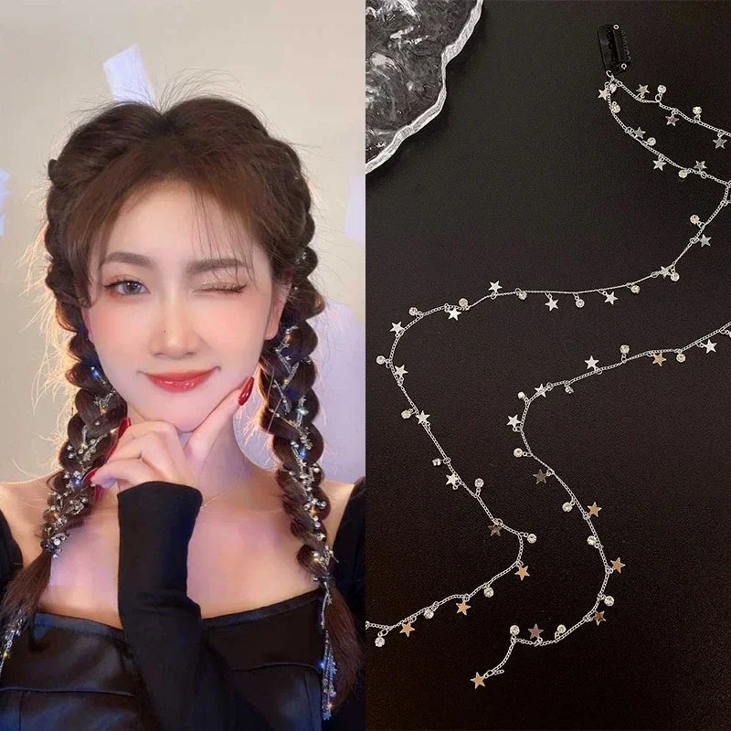 Women Wedding Dreadlocks Hair Braid Silver  Crystal Tassels Ponytail Hair Clips Ornaments Star Rhinestone