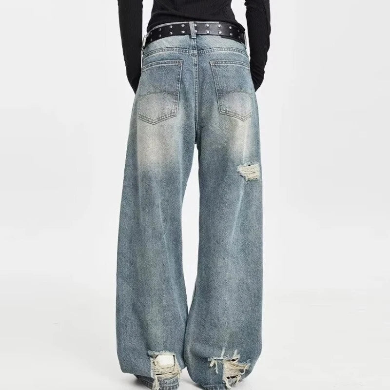 Men Ripped Straight Leg Jeans American Style Trend High Street Loose Bootcut Pants Fashion Male Simplicity Classic Blue Trousers