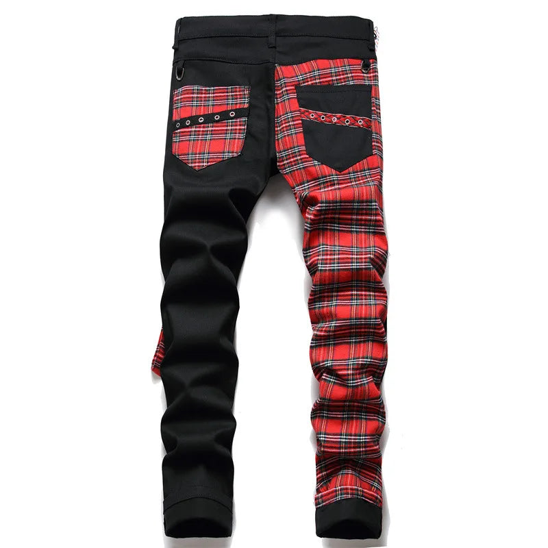 Jeans Men New Suspender Color Blocking Slim Fit Hip-hop Personality Funny Design for Men's Denim