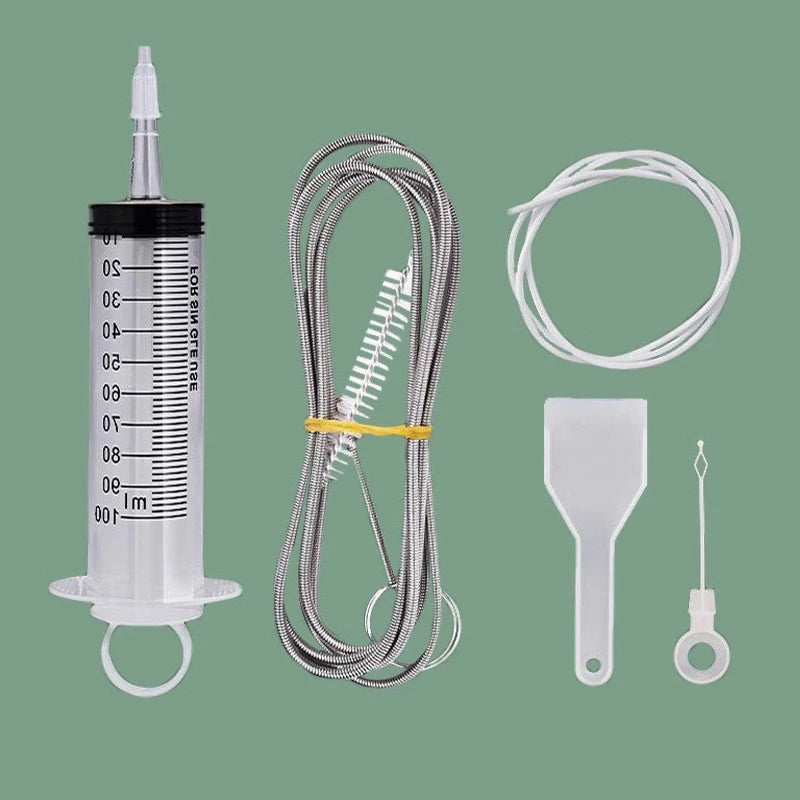 All-inclusive Cleaning Tools Set with Anti-Clog Feature- Brush, Hose, Syringe, Fridge Drain Hole Cleanser and more