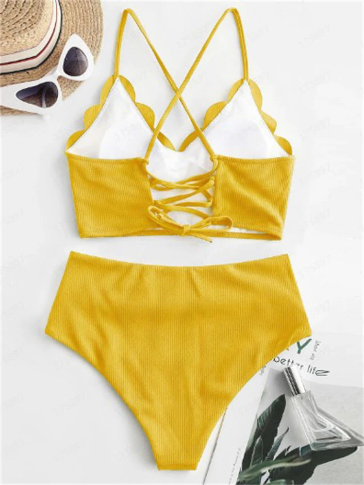 Bikini Women Swimsuit 2026 New Solid Ribbed Sling Bikinis Set Sexy High Waist Swimwear Summer 2 Piece Beach Bathing Suit Female