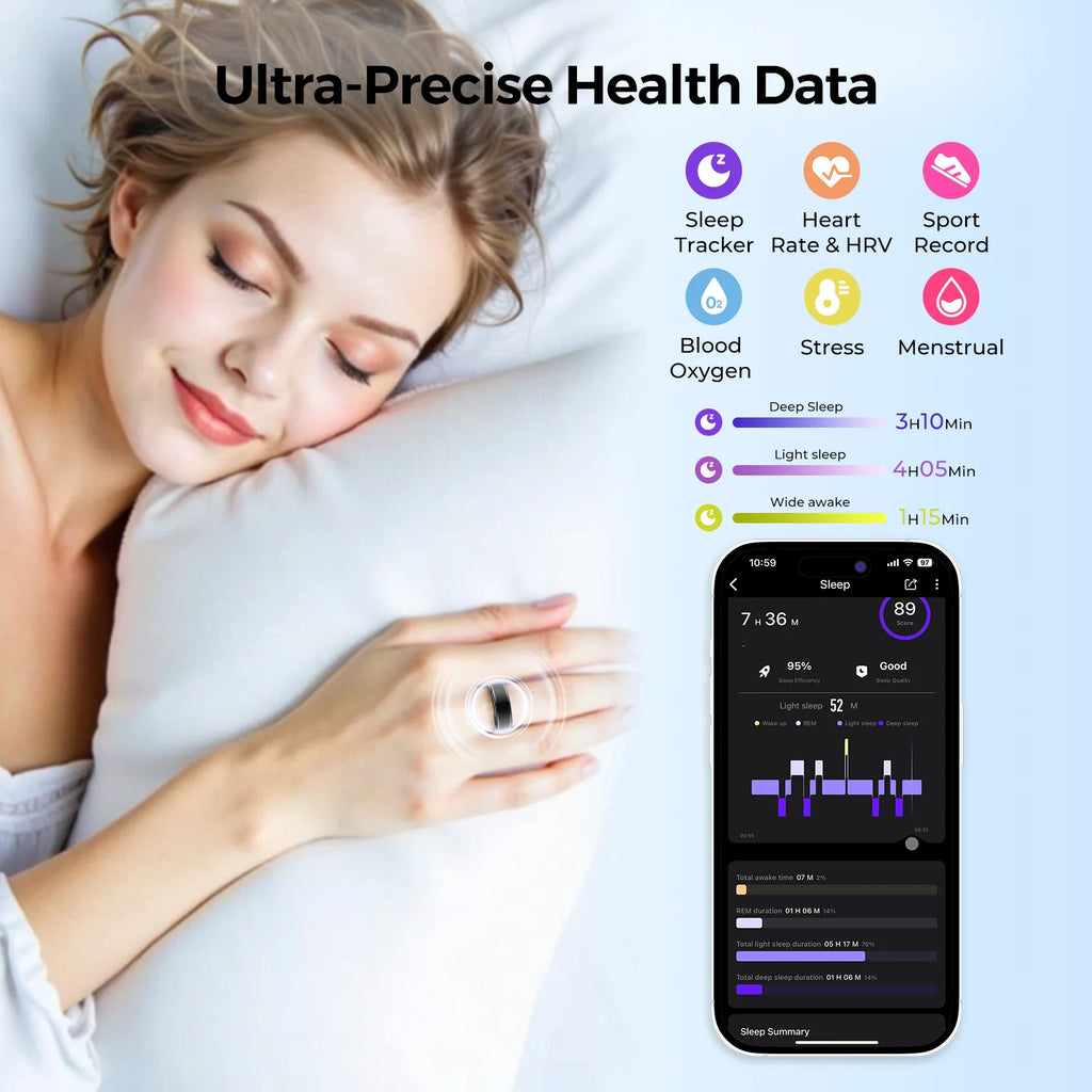 Smart Rings Bluetooth Gesture Swipe Control Sleep Heart Rate Oxygen Monitoring Multi Sports Modes Waterproof Women Health Ring