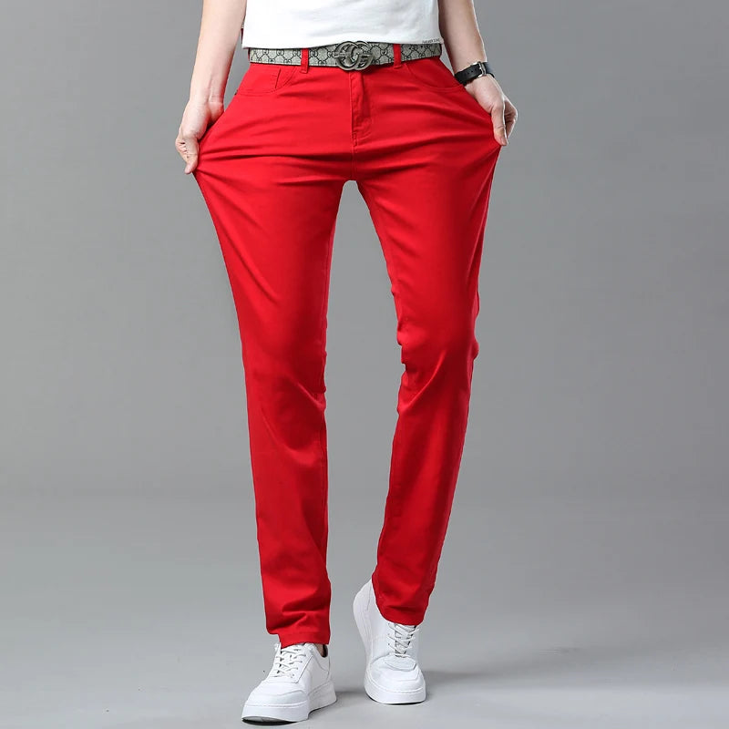New Autumn Men's Yellow Pink Red Slim Jeans Classic Straight Elasticity Denim Pants Male Brand Stretch Skinny Colorful Trousers