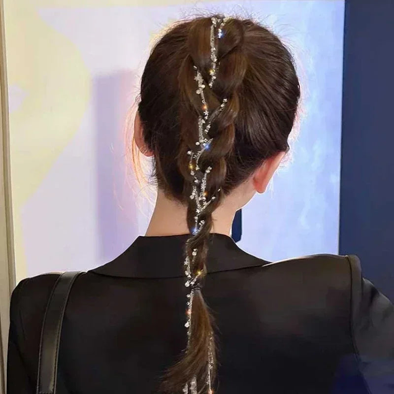 Women Wedding Dreadlocks Hair Braid Silver  Crystal Tassels Ponytail Hair Clips Ornaments Star Rhinestone