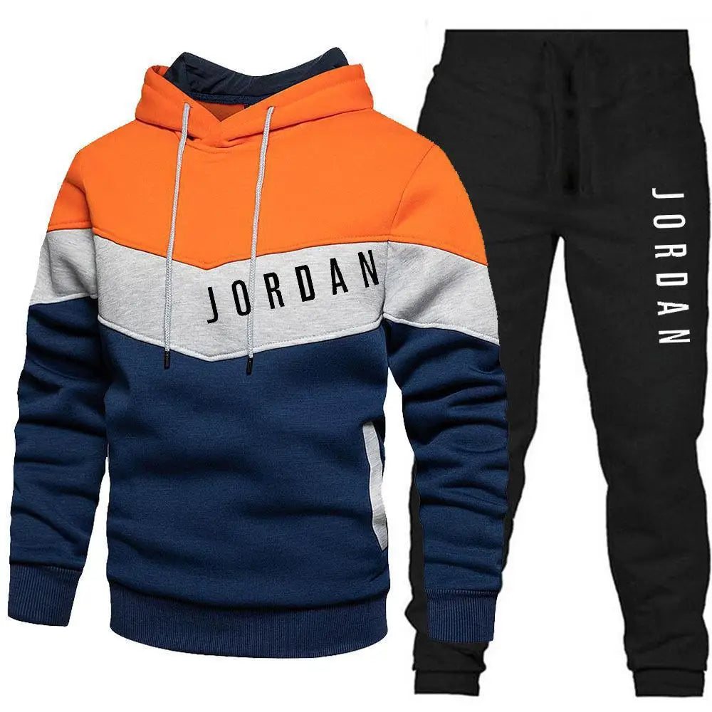 New autumn and winter patchwork hooded sweatshirt set for men, fleece sweatshirt + casual pants fitness two-piece set