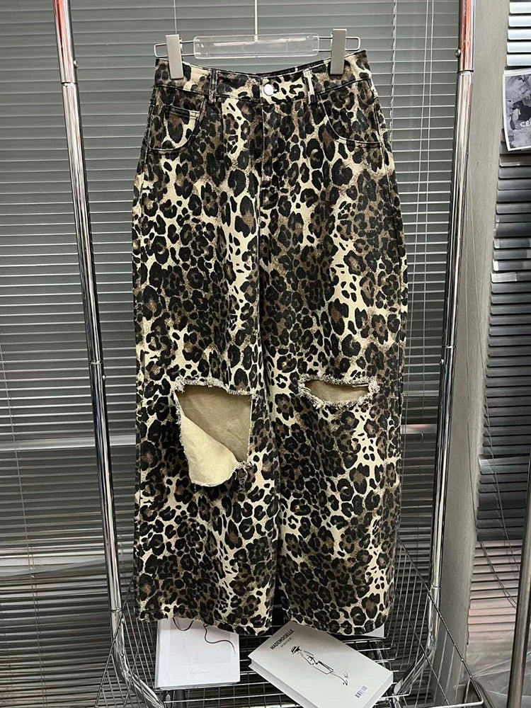 TWOTWINSTYLE Leopard Ripped Wide Leg Jeans For Women High Waist Patchwork Button Loose Fashion Denim Pant Female Clothing New