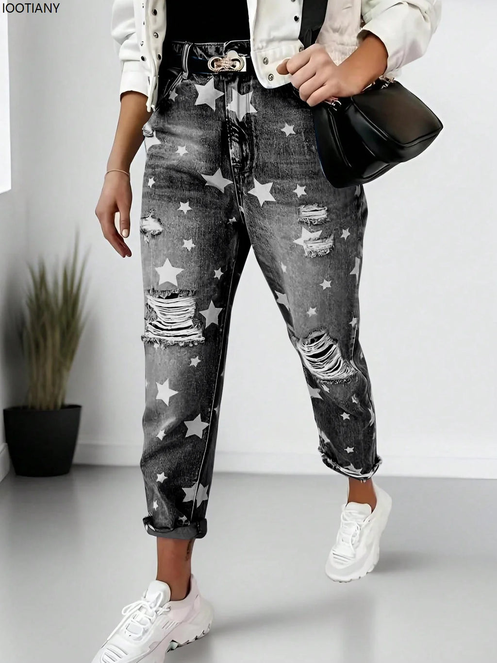 New Boyfriend Jeans Women's Slim Fit Ripped Jeans Fashion Women's Five-pointed Star Ripped Jeans Street Casual Blue Jeans 2025