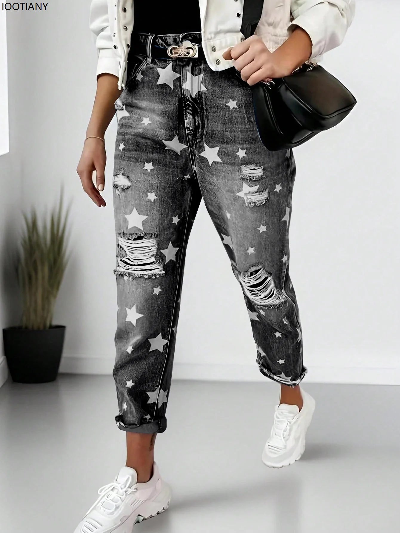 New Boyfriend Jeans Women's Slim Fit Ripped Jeans Fashion Women's Five-pointed Star Ripped Jeans Street Casual Blue Jeans 2025
