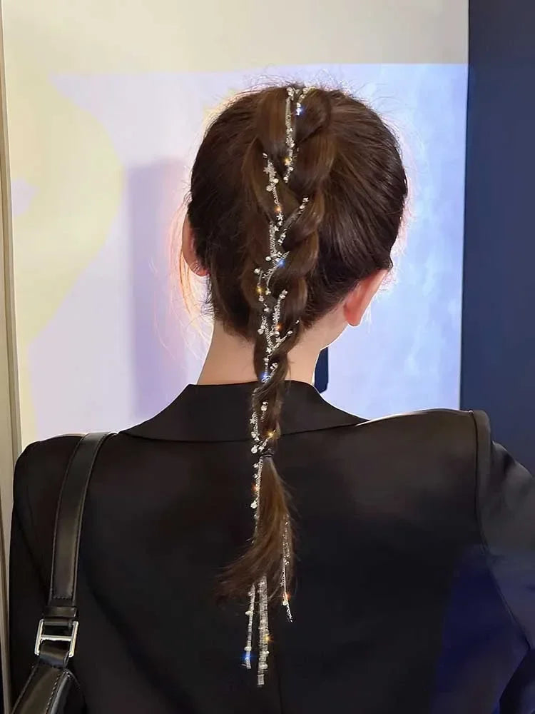 Women Wedding Dreadlocks Hair Braid Silver  Crystal Tassels Ponytail Hair Clips Ornaments Star Rhinestone