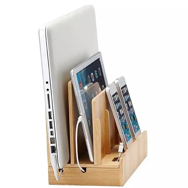 Multi-Function Natural Bamboo Charge Station Charging Dock Cradle Stand Holder Storage Box for Phones Tablet