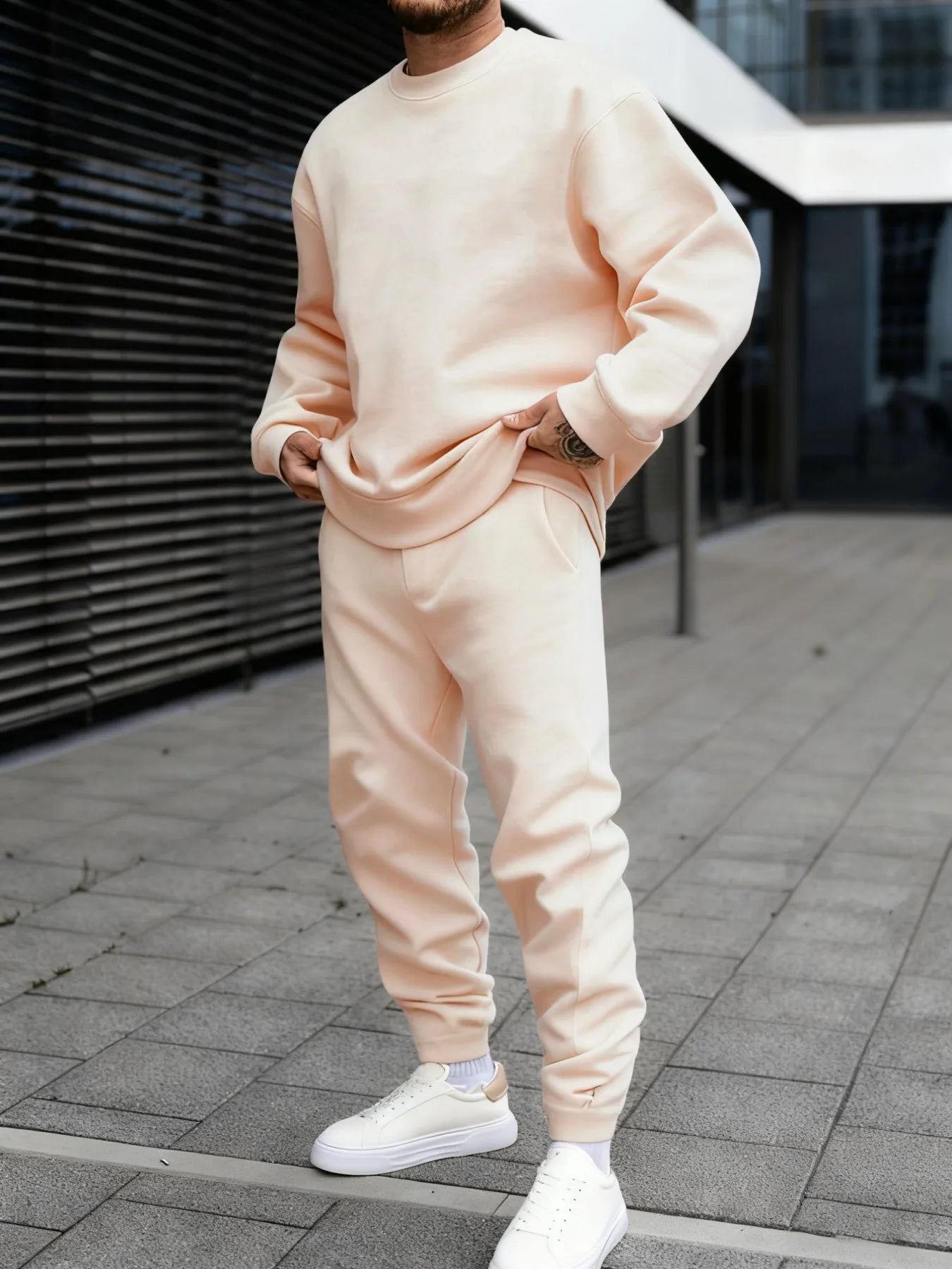 Autumn Man Sweatshirt Set Fleece Casual Solid Color Two-piece set Fashion Crewneck Sweatshirts Street Soft Sweatpants