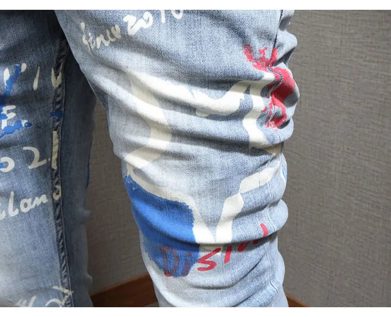 Designer Fashion New Men's Jeans Letter Printed Washed Nostalgic Stretch Slim Fit Retro Light Blue Jeans Hip Hop Brand High Qual