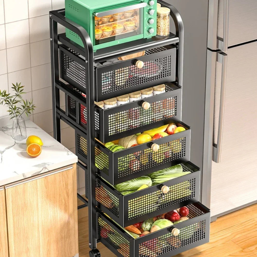 Kitchen Shelf With Drawer Multifunctional Storage Rack Fruits Vegetables Storage Cart Organizer With Wheels Bar Carts Cabinets