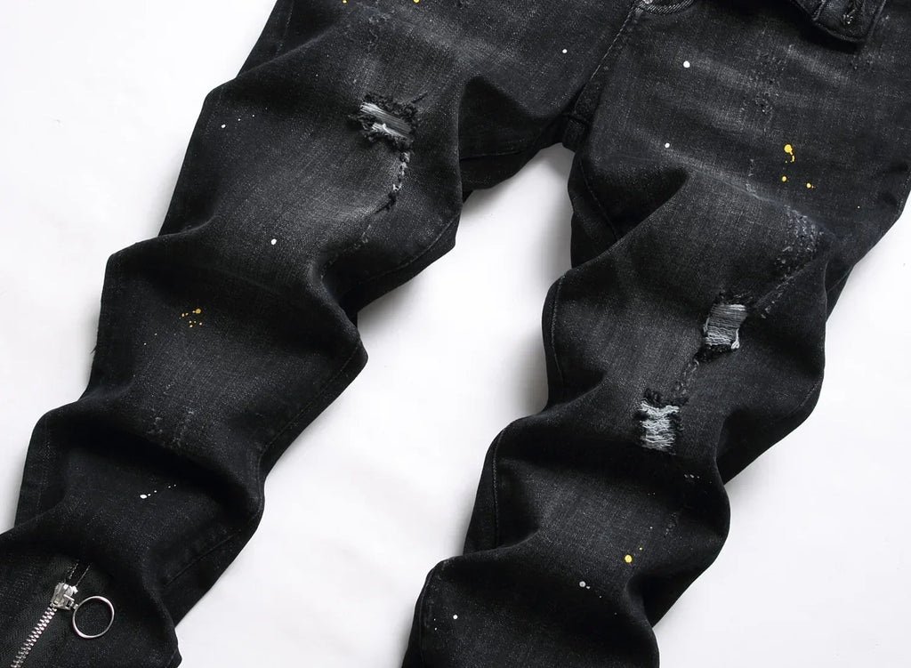 Men Black Ripped Denim Jeans Italian High Street Style Holes Jeans Denim Pants High Quality Male Slim Fit Denim Trousers Size 38