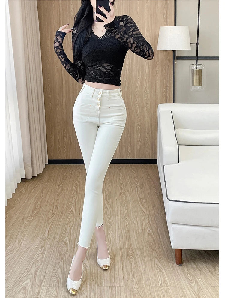 New White Skinny Jeans Woman High Waist Casual Stretch Jeans Vintage Sexy Femme Ankle Length Pencil Pants Denim Jeans