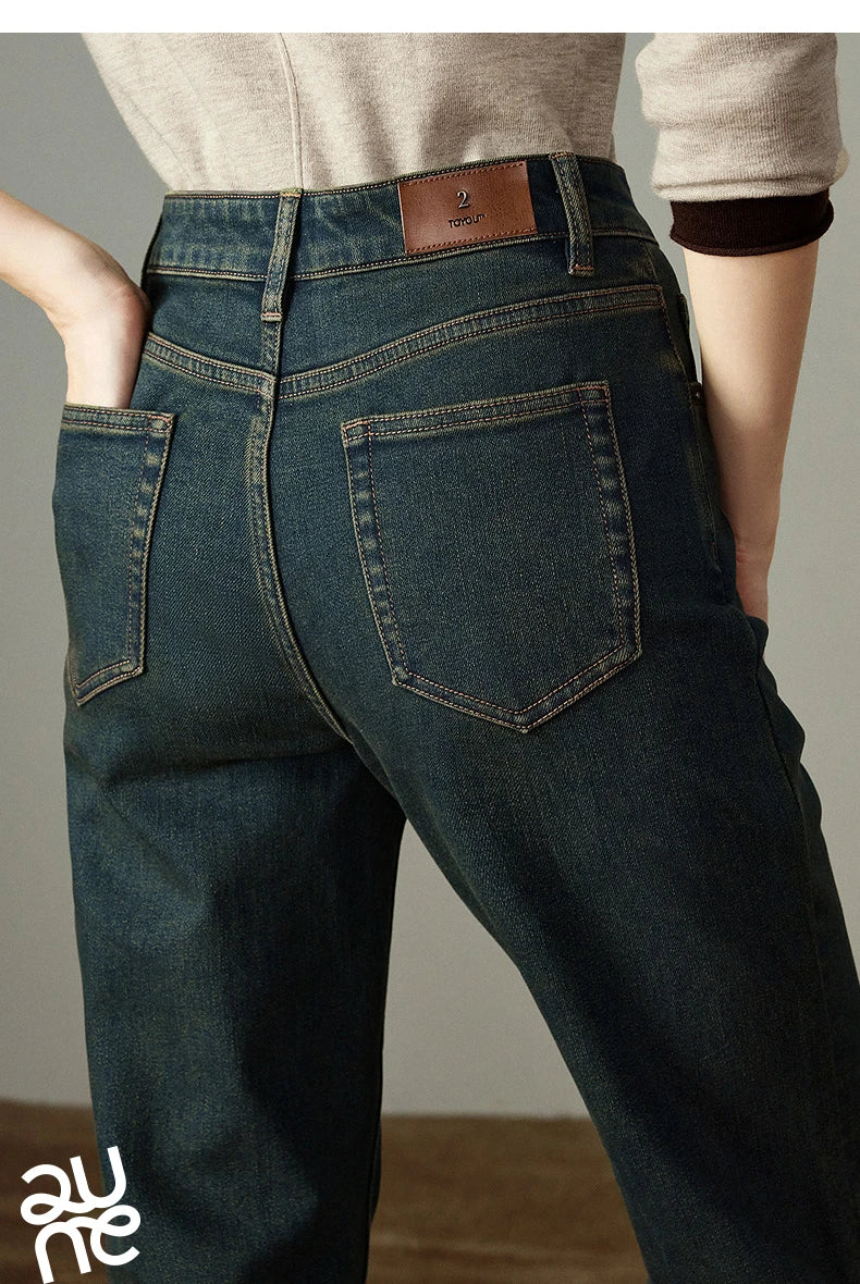 TOYOUTH Women Stretch Jeans 2025 Winter New Slightly Flared Mid-low Waist Slim Fitting Slimming Warm Fleece-lined Long Pants