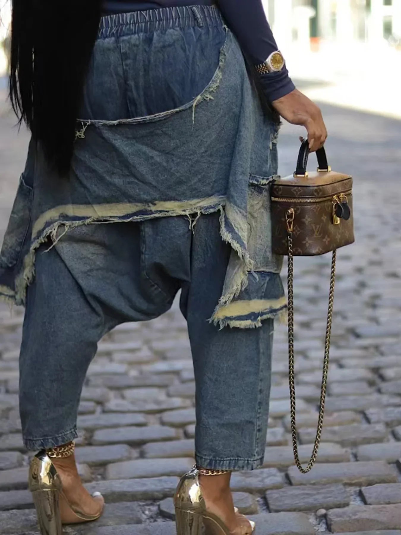 Women Jeans Harem Pants Hip Hop Punk Denim Pant Hole Elastic Waist Washed Distressed Pockets Streetwear 2025 Ripped Trousers
