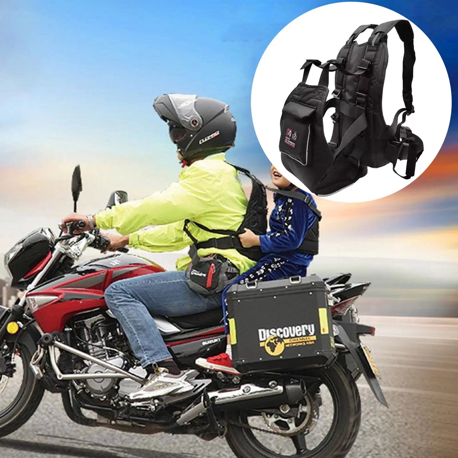 Breathable Motorcycle Safety Belt with Storage Bag Rear Seat Grab Handle Strap Harness Adjustable Child Reflective Strip for Kid