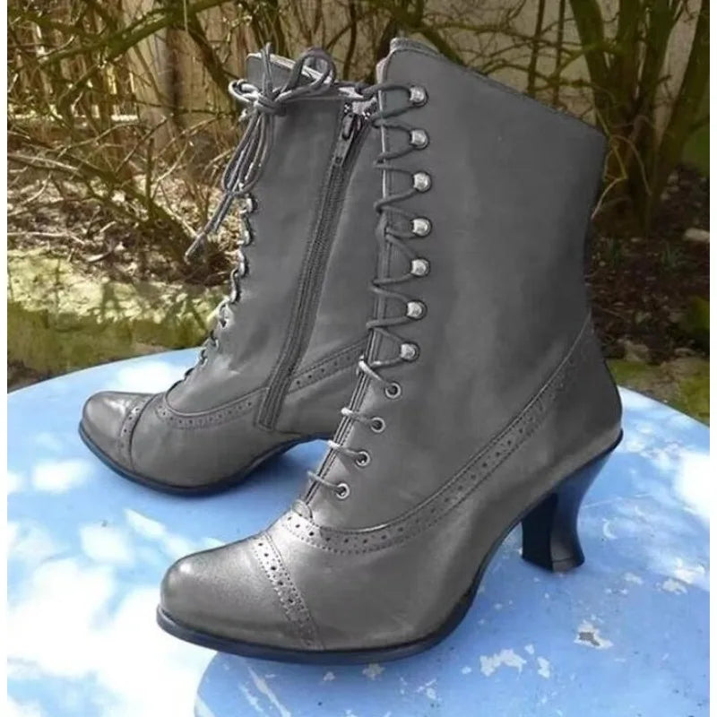 New Women Short Boot PU Leather Bikerboots High Heel Pointed Toe Boots Women's Victorian Boots Retro Botas