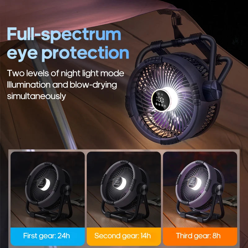 Camping Fan 20000mAh 6 in 1 Outdoor Ceiling Fan 4 Speed Adjustment Rechargeable Desktop Air Circulator LED Lighting Power Bank