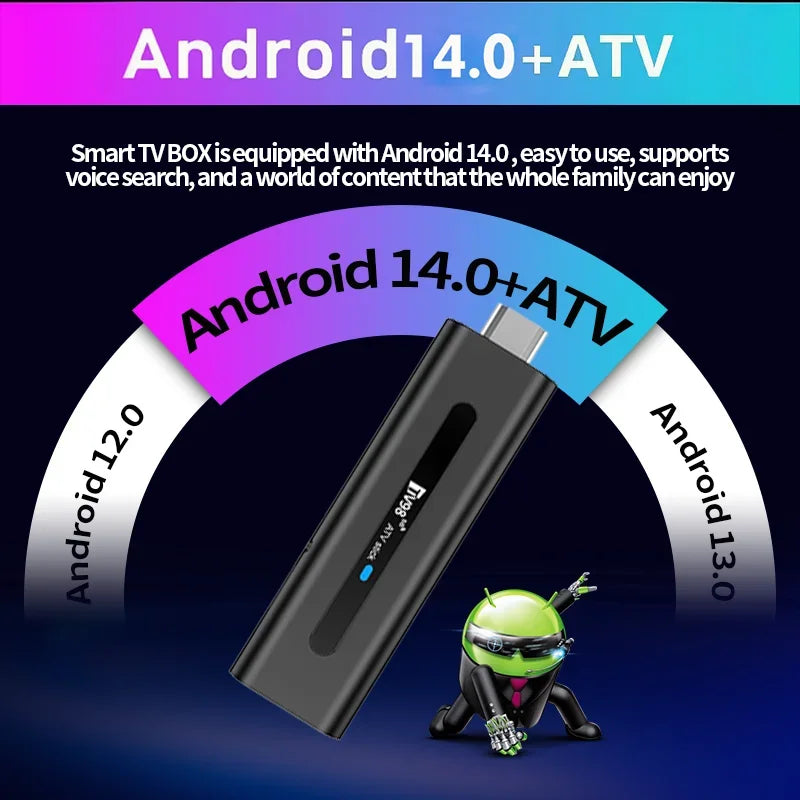 TV98 ATV Stick Smart Android 14 Quad Core Allwinner H313 Dual WiFi 5G 4G HD 8K 4K Media Player BT5.0 Voice remote streaming iptv
