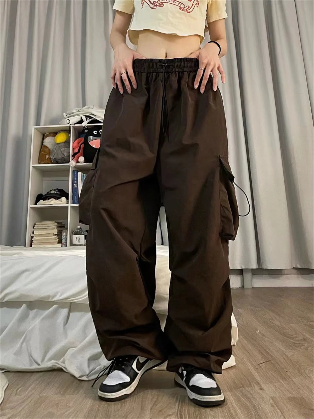 Red Big Pockets Cargo Pants Women High Waist Loose Streetwear Baggy Tactical Trouser Fashion Hip Hop Joggers Trousers Female