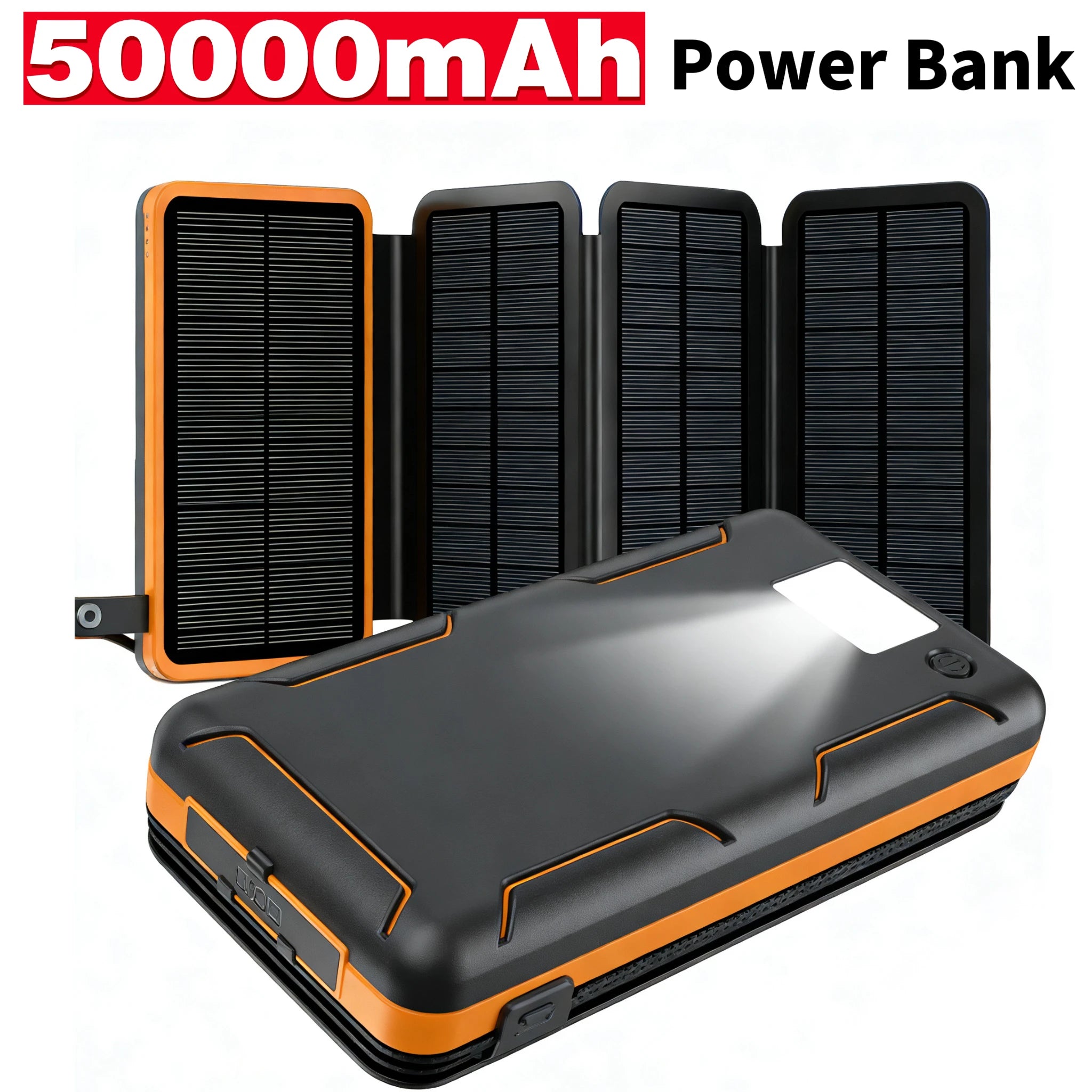 50000mAh Portable Solar Power Bank Fast Charging USB-C/USB-A for IOS Android Outdoor Large Capacity Charger
