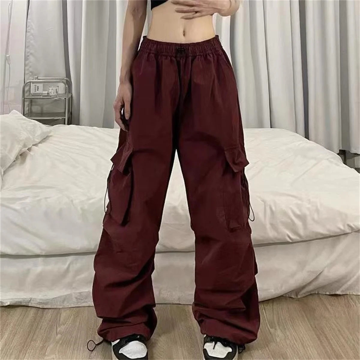 Red Big Pockets Cargo Pants Women High Waist Loose Streetwear Baggy Tactical Trouser Fashion Hip Hop Joggers Trousers Female