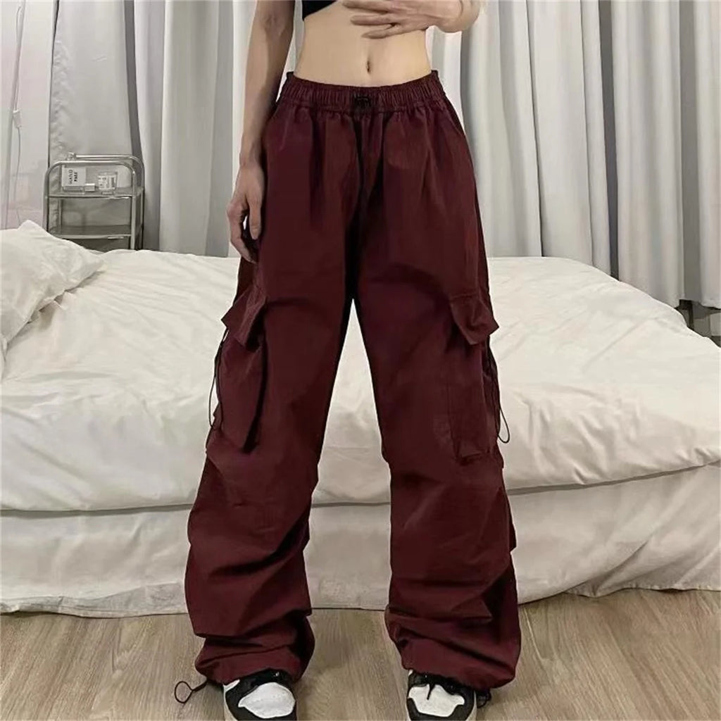 Red Big Pockets Cargo Pants Women High Waist Loose Streetwear Baggy Tactical Trouser Fashion Hip Hop Joggers Trousers Female
