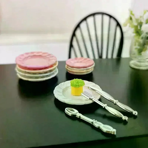 1 Set Dollhouse Kitchen Accessories Miniature Knife Fork Spoon Tableware Plate Kit Kid Toy Simulation Food And Play Scene Model