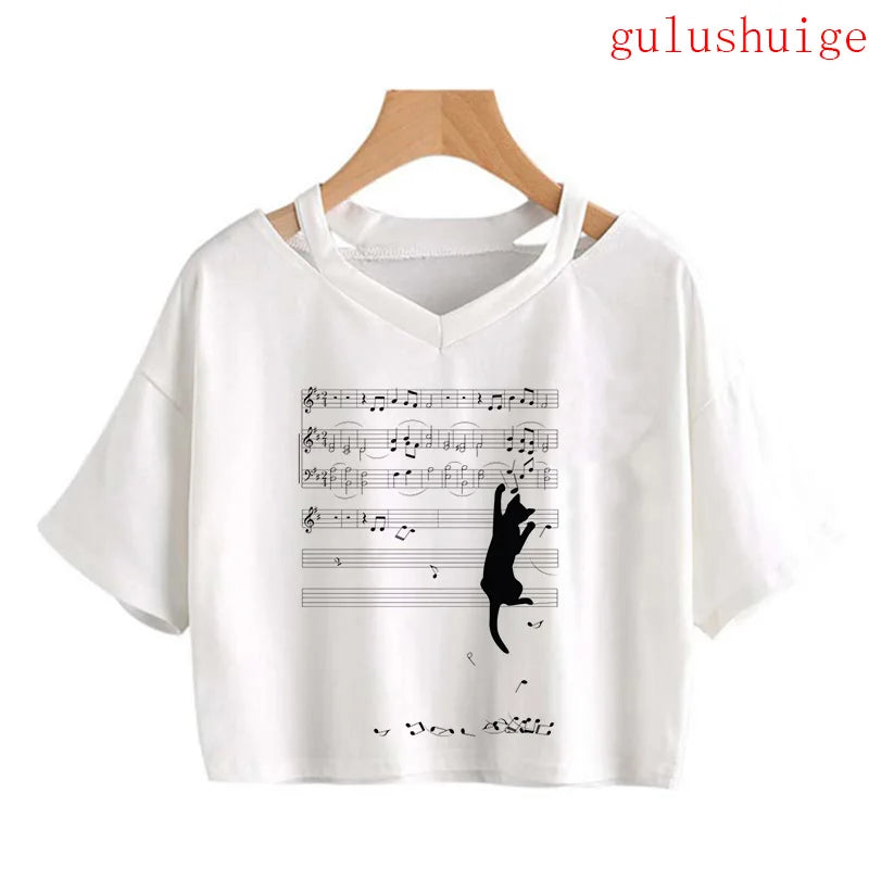 Y2k Crop Top Funny Cute Cat T Shirt Women Shirt Cropped Harajuku Graphic Ulzzang T-shirt 90s Tshirt Top Tee Female Gothic