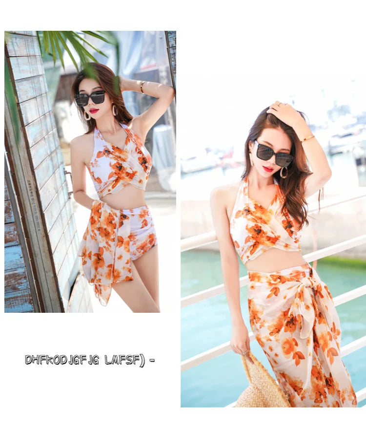 Bikini Sets Women Halter Floral Printed Three Pieces Split Swimsuit Korean Fashion Elegant Beach Style Slim Sexy Hot Girls Soft