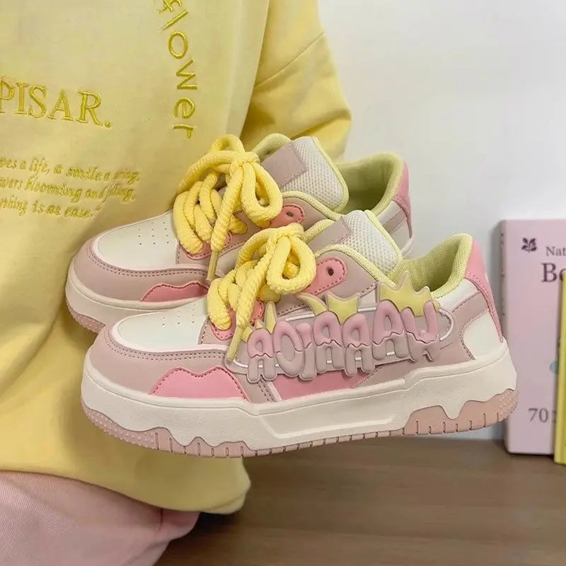 2025 Sweet Platform Shoes Chunky Sneakers for Women Faux Leather Aesthetic Shoes Alphabet Elements Thick Trainers Blue Sneakers