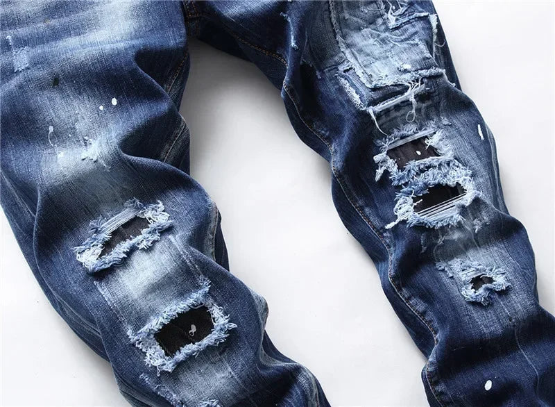 Men Ripped Skinny Denim Jeans Blue Holes Jeans Italian Style Stretch Denim Pants High Quality Male Slim Fit Denim Trousers  38