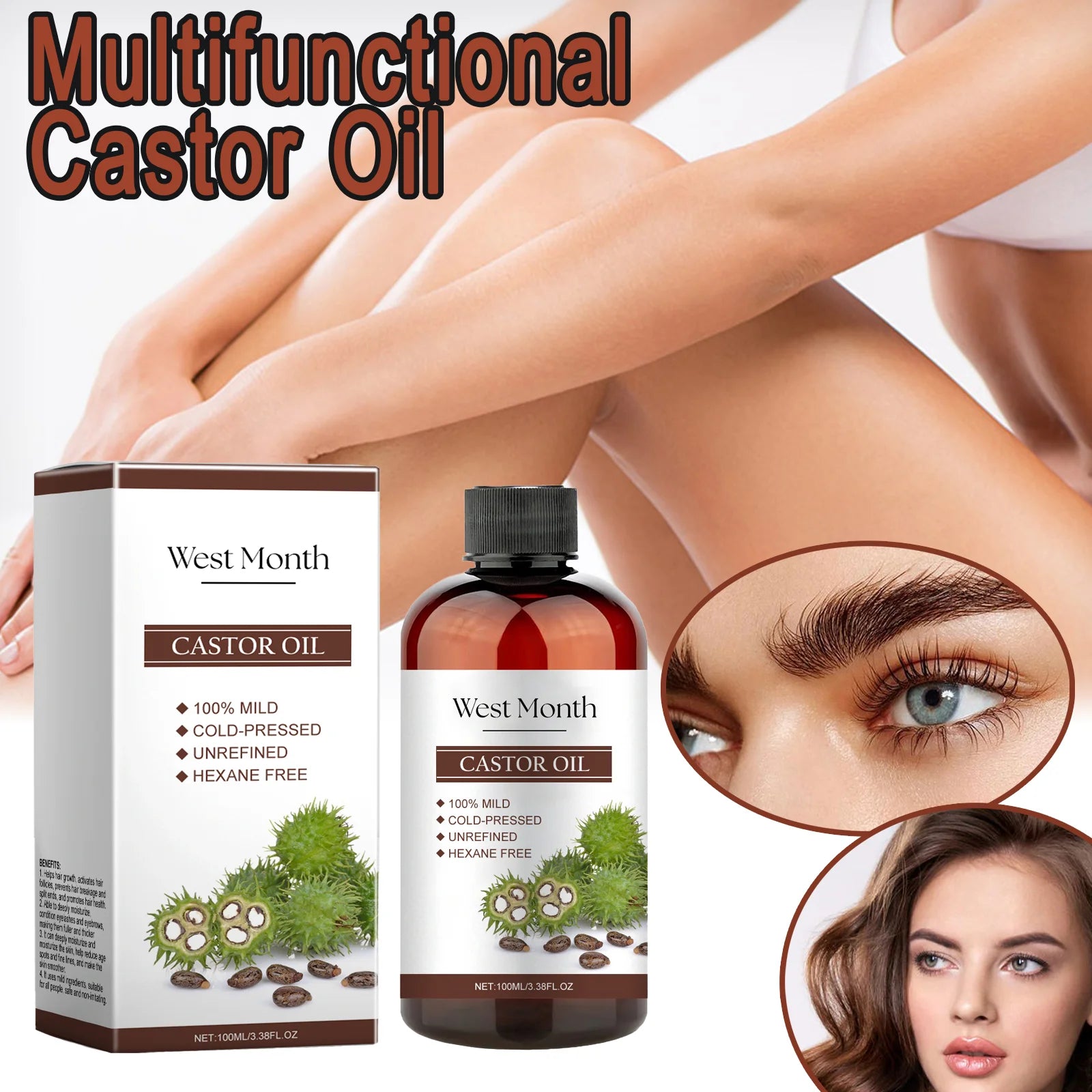 100ml Organic Castor Oil,Cold Pressed Unrefined Essential Oil For Hair Care Eyelash & Nail Growth Moisturizes Skin Hair Smoother