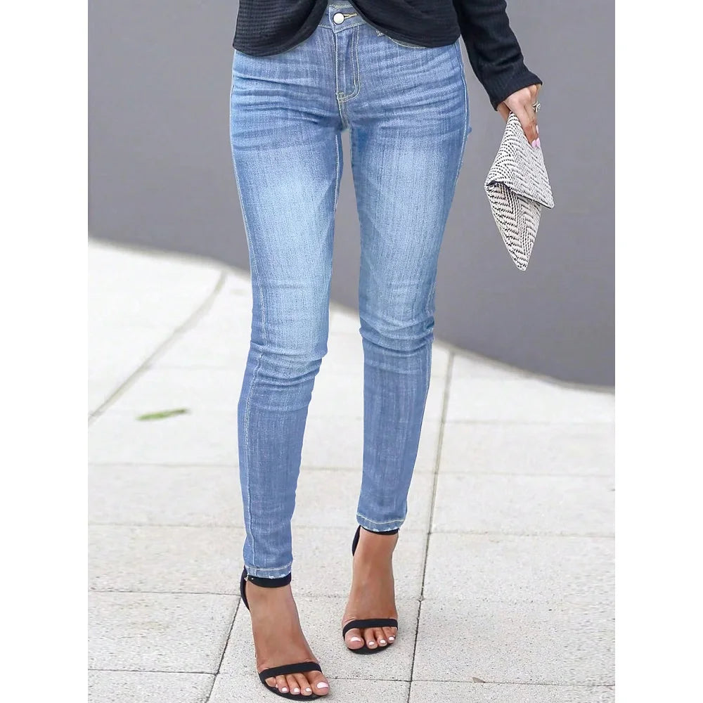 Women Newest Slim Stretch Jeans Solid Color Skinny Pencil Pants Ladies Full Length Denim Jeans