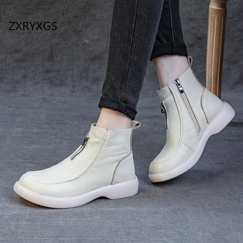 ZXRYXGS 2025 Autumn Winter Boots Women's Genuine Leather Boots Flat Heel Soft Sole Non-Slip Comfortable Short Boots Trendy Shoes