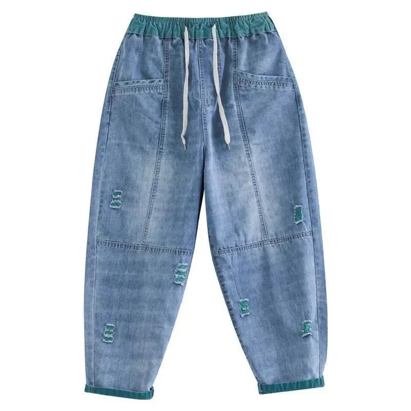 Nine Point ripped Jeans For women Summer 2025 new Loose Thin Elastic waist Casual Harem pants Female denim Ankle Length pants