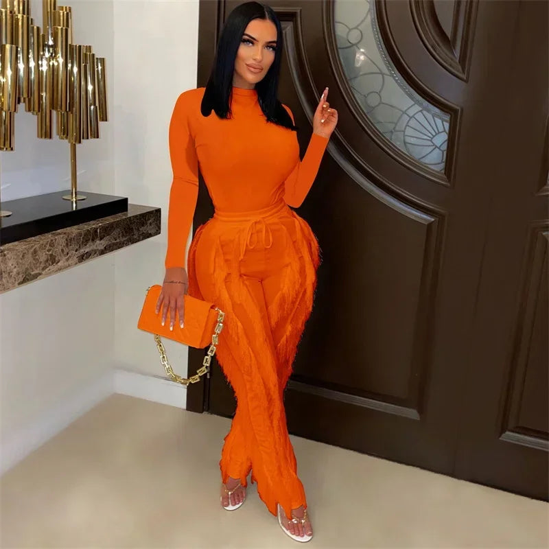 Elegant 2 Piece Sets Women Outfit 2025 Fall Winter Long Sleeve Bodysuit Top and Tassel Pants Matching Sets Ensembles Pantalons