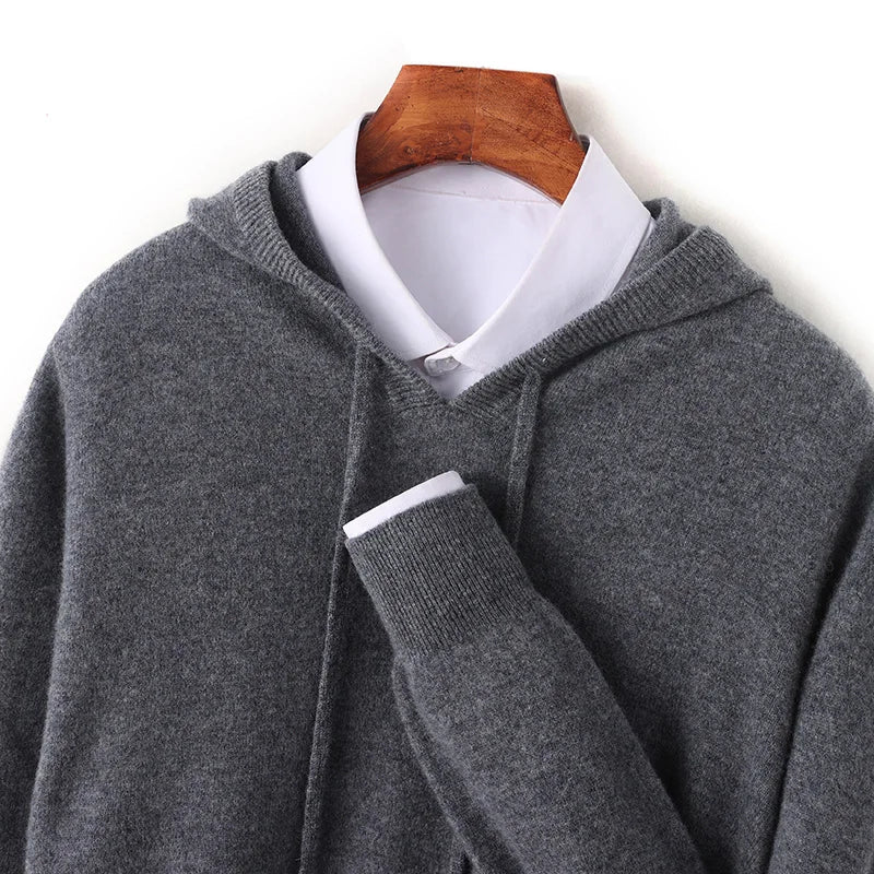 Autumn/Winter Men's Hooded Jumper 100% Merino Wool Knitted Sweatshirt Casual Large Top Long Sleeve Sweater Knitted Top