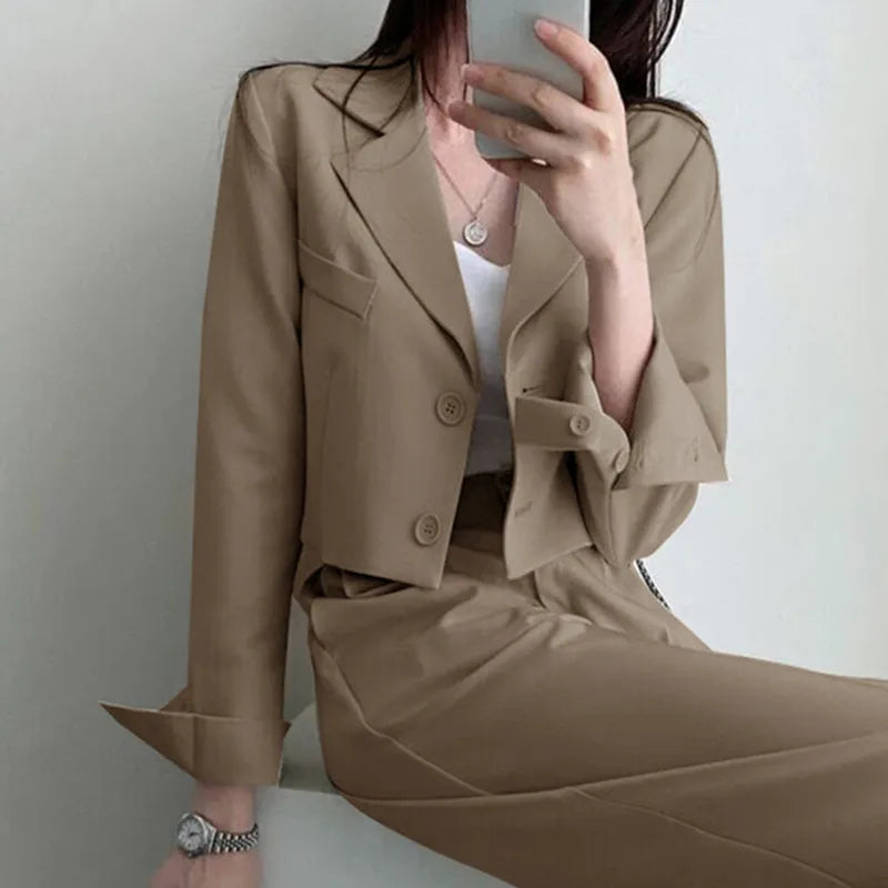 Suit Coat 2 Piece Set Women Blazer Jacket Straight Pants Ensemble Single Breasted Turn Down Collar Trousers Office Lady Outfits