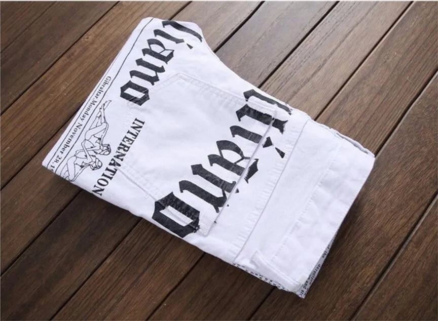 New Men Jeans Slim Fit Biker White Jeans Trousers Skinny Jeans Punk Letter Printing Denim Pants Plus Size 42 Dropshipping