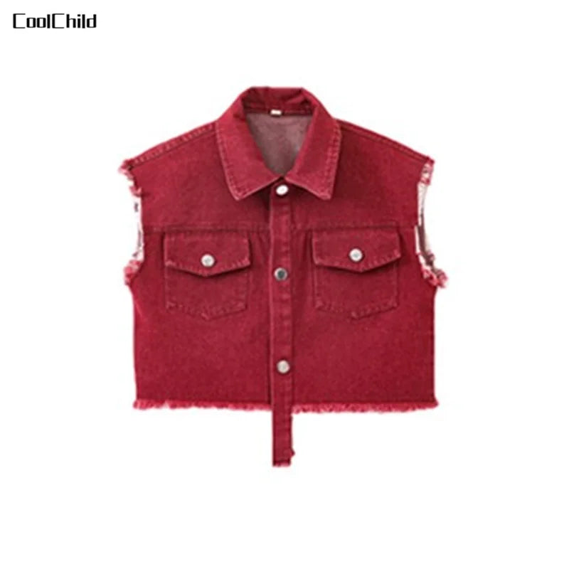 Hip Hop Girls Cool Denim Vest Burr Edge Cargo Jeans Clothes Sets Boys Jazz Street Dance T-shirt Child Kids Streetwear Costumes