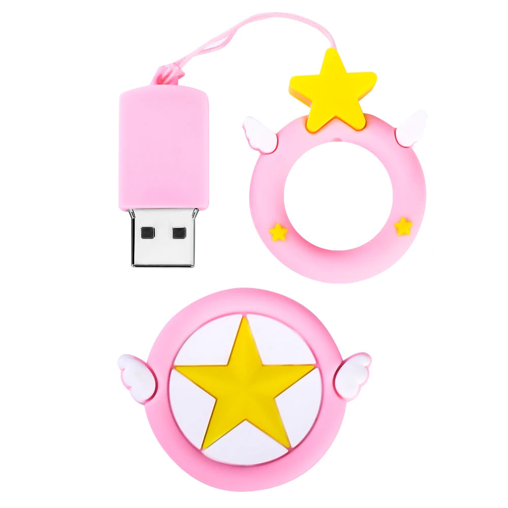 Cute Pink Stars Pen Drive Gifts for Girls Beautiful Girly Heart Key Chain Ring USB Flash Drives Real Capacity Memory Stick 64GB