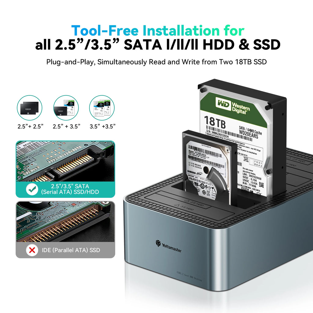 Yottamaster Aluminum 4/5 Bay SATA Hard Drive Docking Station Type-C 78W with Offline Clone for 2.5/3.5 inch SSD HDD Enclosure