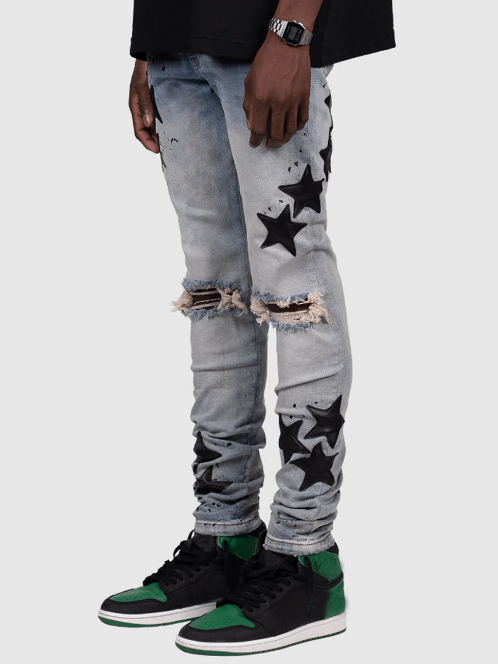 Ripped Men Jeans Denim Pant Star Mid Waist Slim Fit Vintage Wash Punk Style Skinny Pencil Pants Distressed Holes Ankle Length