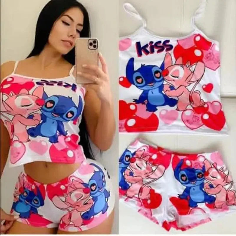 2Pcs Disney Stitch T-Shirt Short-Sleeved Set Summer Cartoon New Kawaii Yoga Suit Sports Shorts Sexy Suspender Pajamas Homewear